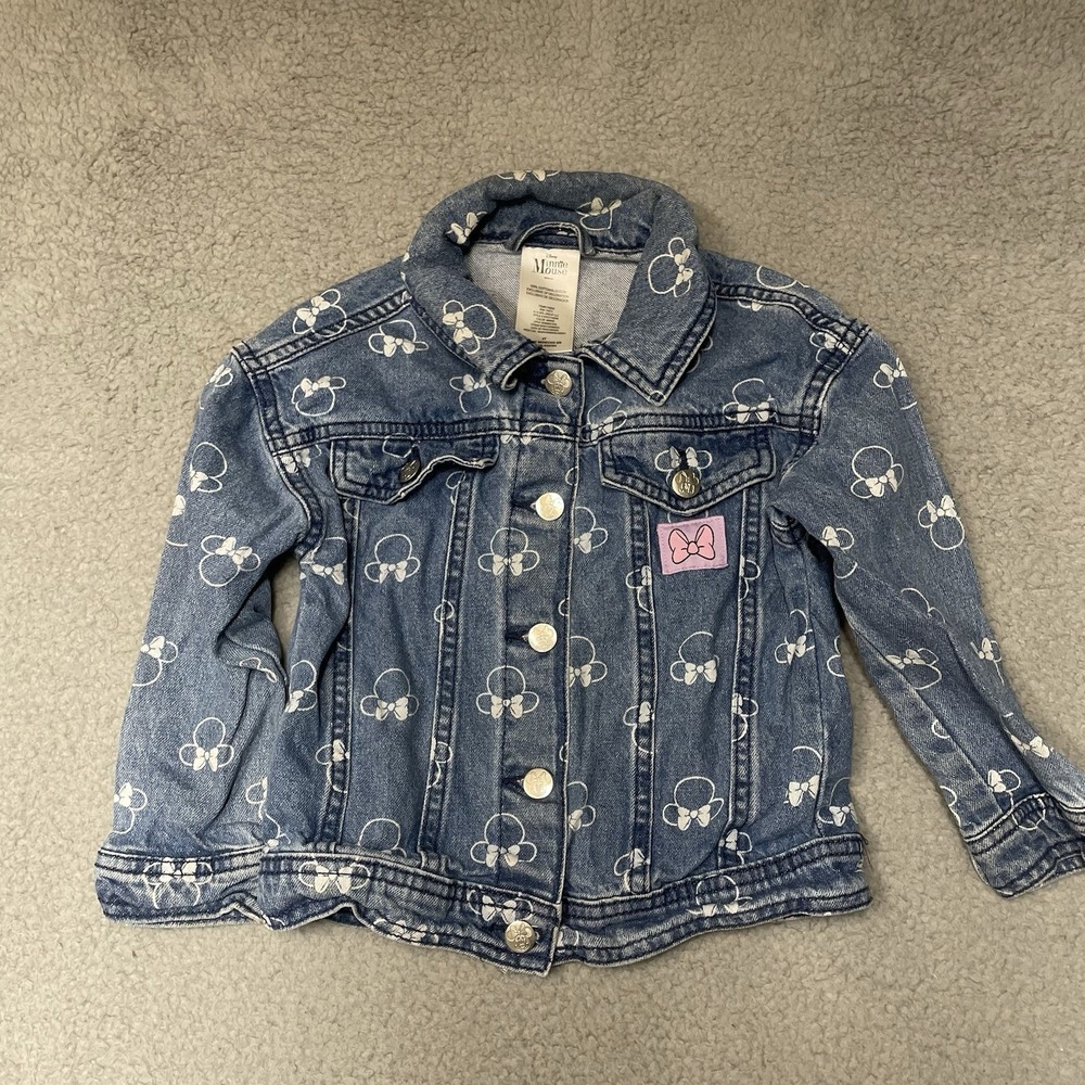 Disney Minnie Mouse Denim Jacket Blue All Over Print Bow Buttons Girls Size 4T